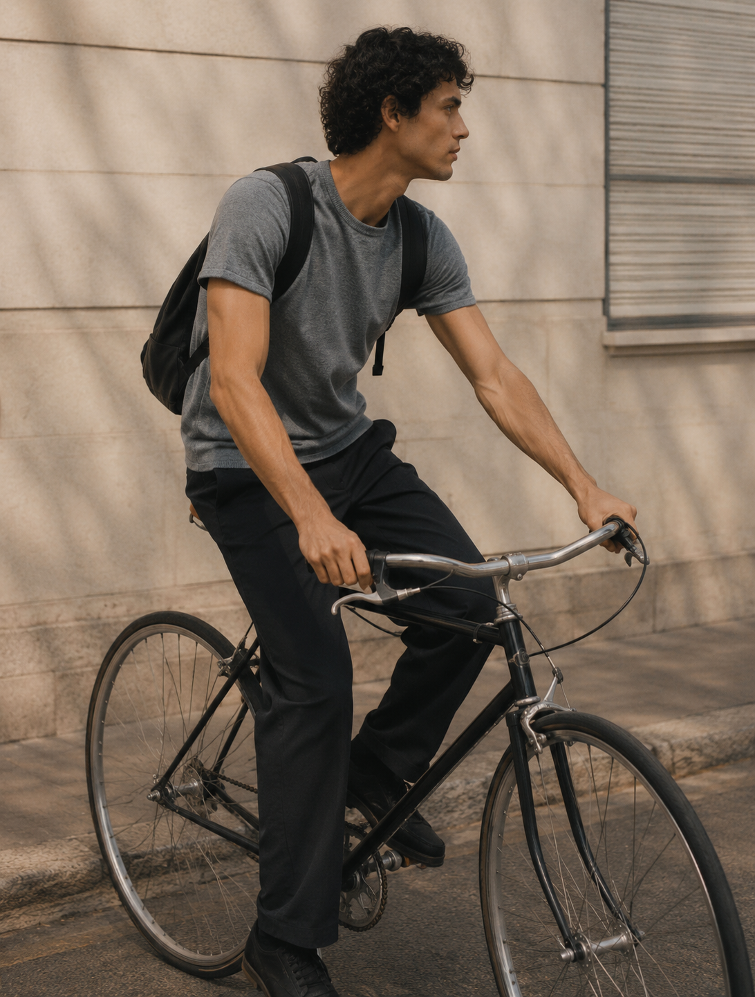 Halden menswear — tee and trouser on a bike